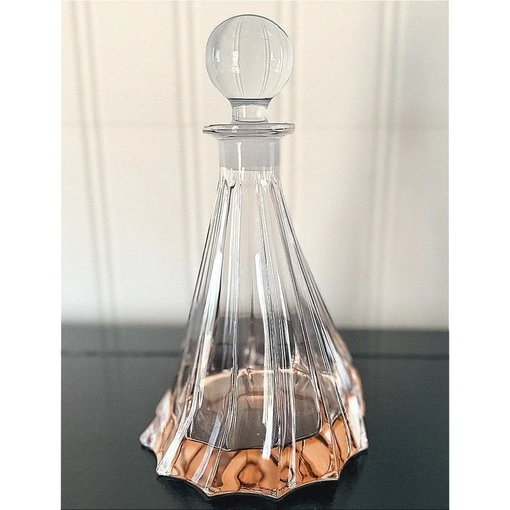 Vintage Honey Amber Skirted Glass Liquor Decanter with Spherical Stopper